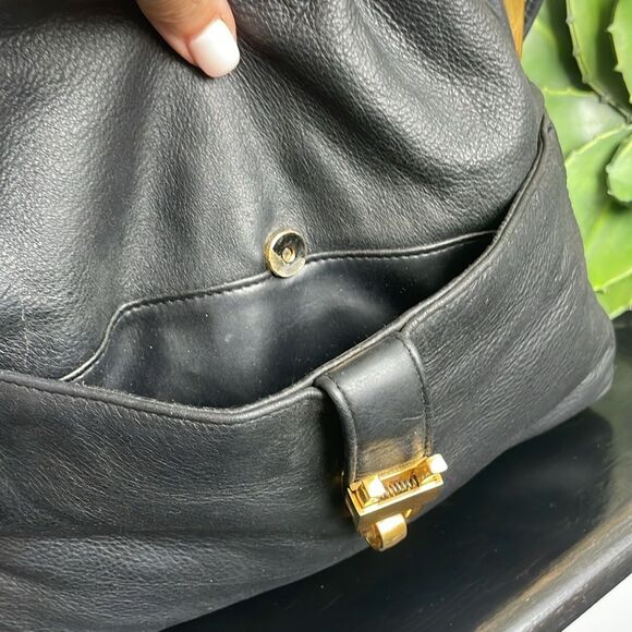 Italian Leather bucket bag crossbody shoulder handbag drawstring black gold - Picture 7 of 13